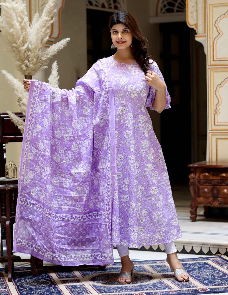 Miravan كورتا أناركالي لافندر مزخرف بالأزهار للنساء - Image 1